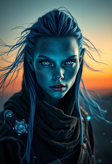 A symmetric portrait of an alien female. she has blue hair, blue skin and blue eyes, sci-fi, space, loose clothes, sci-fi army armour Weighted Voronoi stippling and laser caustics create a network,  luminescent blue crystaltransitioning from hyperrealistic detail to abstract, quantum-inspired forms. Ethereal hues blend, evoking existential transition and mystery. Close-up on the face, Set against a twilight backdrop, she is looking at the viewer, 
abstract background, dynamic pose, dramatic lighting,  realistic, winds ripple through his tattered robes. Rendered in a fusion of photorealism and digital surrealism, Emphasis on darkness, menacing atmosphere,