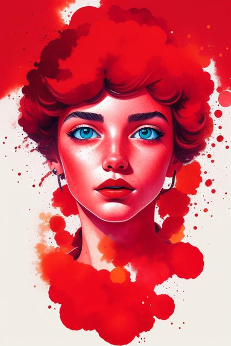 a girl,  illustration,  cover art,  (((red))),  portrait,  red background,  red splash