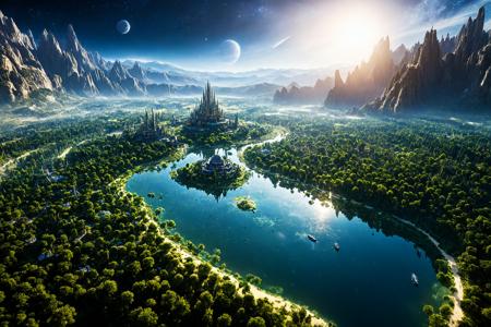 (HD, masterpiece, best quality, hyper detailed, ultra detailed, super realistic),An expansive space landscape featuring a vibrant planet illuminated by a radiant sun and accompanied by a luminous moon and twinkling stars. The scene showcases a futuristic castle, soaring majestically above an alien village nestled in a stunning aquatic environment, with ripples and reflections dancing on the surface of a small river pond nearby. Enclosing the village is a space forest filled with lush sage green flowers and leaves, creating a vibrant contrast against the surreal backdrop. A sleek spaceship hovers in the sky, hinting at the advanced civilization that calls this exotic land home. The composition is rich with detail, presenting a beautifully crafted space fantasy that merges stunning nature with sci-fi elements. The image is of the highest quality, with sharp focus, high contrast, and cinematic lighting that enhances the atmosphere, featuring subtle lens flares that add a touch of magic to the scene., , HDR high dynamic range style, Movie Still, Film Still, Cinematic, Cinematic Shot, Cinematic Lighting, SDXL FLUX Image Upgrader  Detail Maximizer  Contrast Fix for low CFG [+SDXL  SD 1.5]<lora:SDXL HDR high dynamic range style.safetensors:0.7000000000000001:0.7000000000000001> <lora:SDXL Juggernaut Cinematic XL LoRA.safetensors:0.7000000000000001:0.7000000000000001> <lora:SDXL FLUX Image Upgrader  Detail Maximizer  Contrast Fix for low CFG [+SDXL  SD 1.5].safetensors:0.7000000000000001:0.7000000000000001>