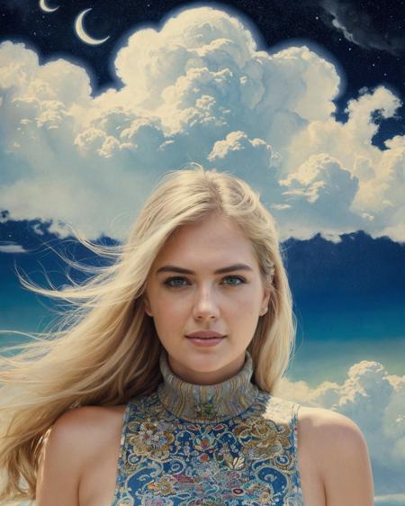 k4t3upt0nv1 (smiling:0.9) , (vibrant colors:0.8) , (hair flowing in the wind:0.8)
(turtleneck dress)
surrounded by lots of heart shapes (sideboob) , ((best quality)) , ((masterpiece)) , (detailed) , Eclectic thin woman with long blonde hair, Delightful beauty, perched on a cloud, (fantasy illustration:1.3) , enchanting gaze, Laying down, otherworldly charm, mystical sky, (Luis Royo:1.2) , (Yoshitaka Amano:1.1) , moonlit night, triadic colors, (detailed cloudscape:1.3) , (high-resolution:1.2) ,
<lora:sideboobx:1> <lora:nighttime_v1:0> <lora:add_detail:-0.4>