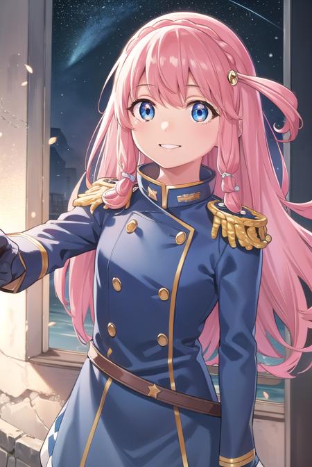 neiookawamura, <lora:nei ookawamura manga-lora-nochekaiser:1>,
nei ookawamura, long hair, blue eyes, hair ornament, pink hair, braid, smile,
BREAK gloves, boots, belt, skirt, uniform, military, military uniform, epaulettes,
BREAK outdoors, space, starry sky, star \(sky\), moon,
BREAK looking at viewer, (cowboy shot:1.5),
BREAK <lyco:GoodHands-beta2:1>, (masterpiece:1.2), best quality, high resolution, unity 8k wallpaper, (illustration:0.8), (beautiful detailed eyes:1.6), extremely detailed face, perfect lighting, extremely detailed CG, (perfect hands, perfect anatomy),