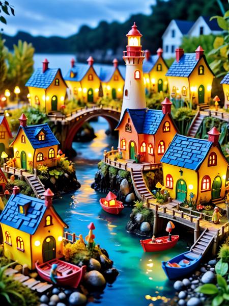 A whimsical miniature ais-colorfulplastic fairy village at night, with tiny ais-colorfulplastic habor,  ais-colorfulplastic fishing boats, a ais-colorfulplastic lighthouse, ais-colorfulplastic houses, ais-colorfulplastic bridges, and gardens all made from ais-colorfulplastic, smoke from chimneys, buildings with ethereal lights, dark, atmospheric, dynamic, cinematic, masterpiece, intricate, hdr <lora:Colorful_Plastic_SDXL:1>