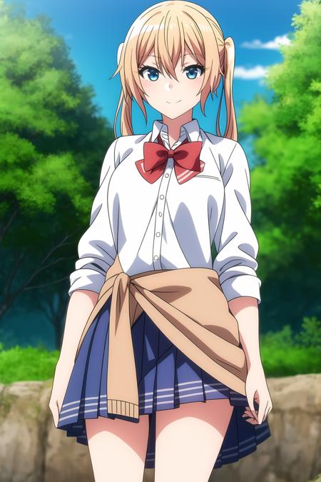 1girl, blonde hair, dark blue eyes, blue skirt, bow, bowtie, clothes around waist, cowboy shot, hair between eyes, medium hair, twintails, looking at viewer, nature, outdoors, pleated skirt, red bow, red bowtie, school uniform, shirt, skirt, smile, solo, white shirt, homare_onishima, <lora:add_detail:0.7>