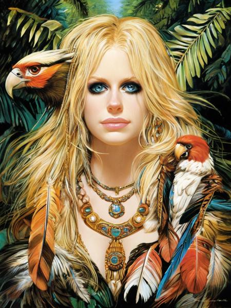 noriyoshiohrai style, beautiful young blonde cave girl, multiple girls, cute face, avril lavigne, stunning smile, in a jungle paradise, feathers, ornate, bone necklace, facial focus, 3+girls, perfect face, masterpiece, 8k, uhd