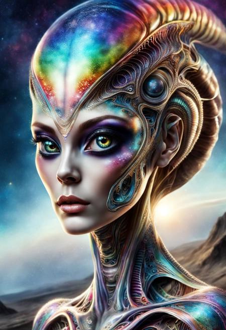 creepy symbiosis of beautiful girl and biomechanic alien worm, detailed face, high details, rainbow makeup, detailed face, futuristic background, watercolor painting, high contrast, extremely detailed, high quality, highly detailed, alienzkin