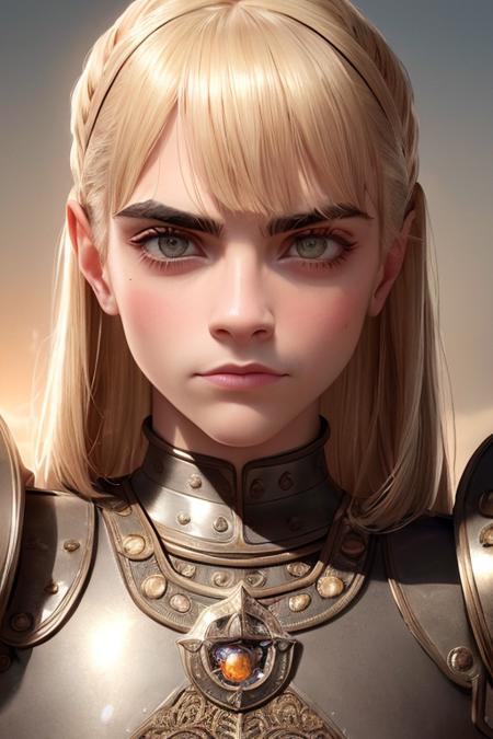 (caradelevingne_ti:0.95) masterpiece, (photorealistic:1.0), highly detailed face, sharp focus,best quality, beautiful lighting, golden hour, upper body, medieval armor, intricate , RAW photo, 8k uhd, film grain