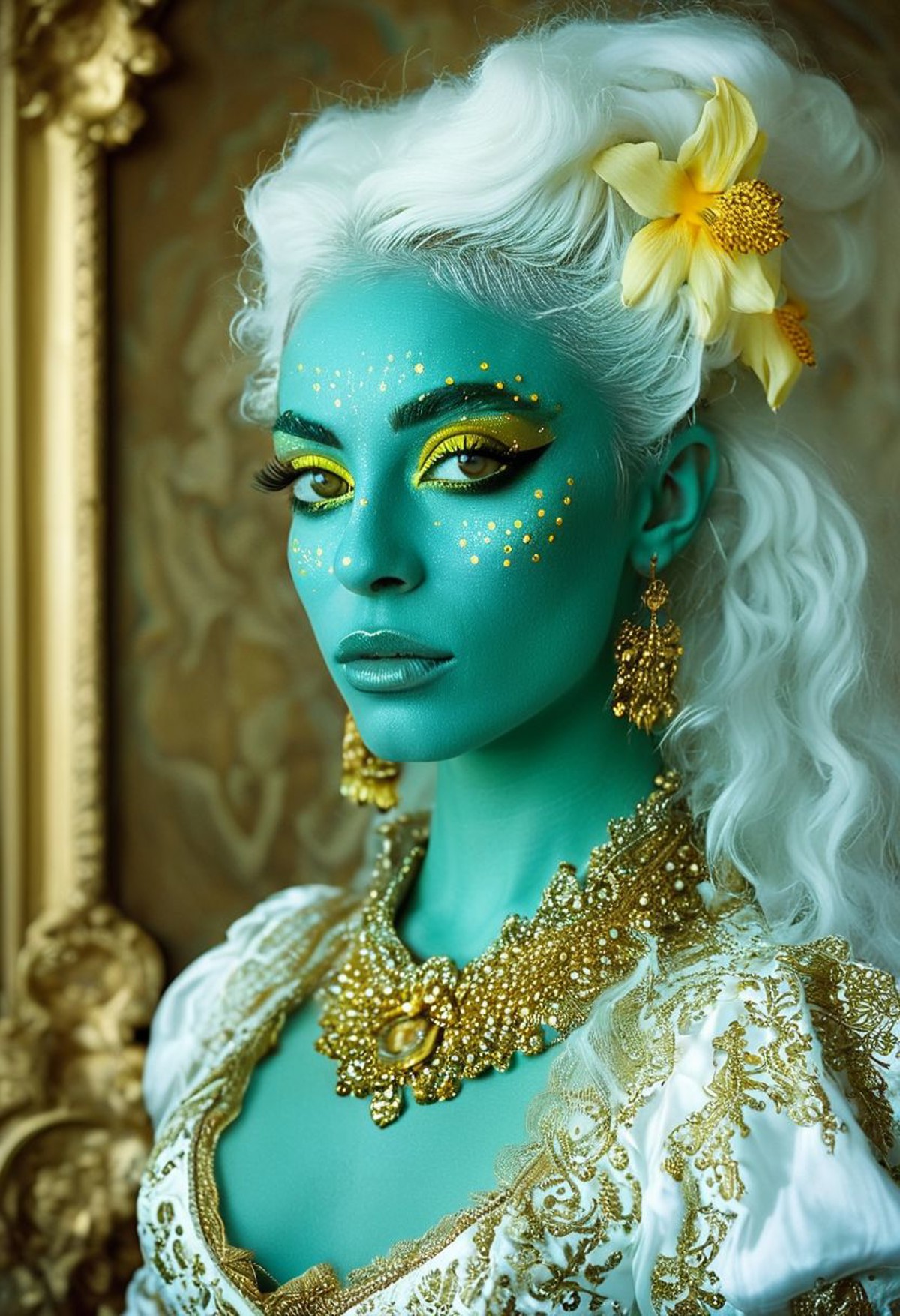 Persian Girl,photo of a 25-year-old half-alien and half-human woman with teal-coloured skin and with golden freckles and w...