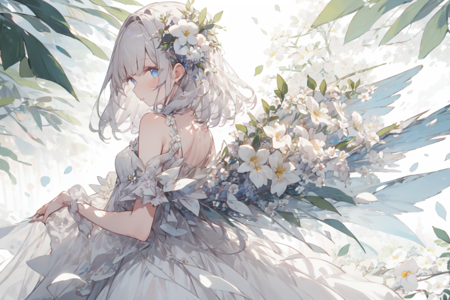 solo, 1girl, white dress, random flowers, white flowers, leaves, from side, looking at viewer, flower wings