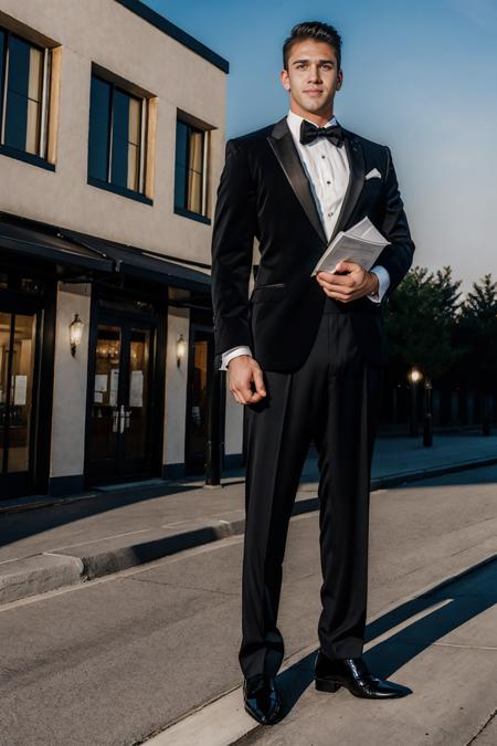 evening sky, outside, on the sidewalk, in front of restaurant, fine dining restaurant, standing next to lectern, muscular DarinSilvers, slight smile, maître d', wearing black tuxedo, black tuxedo jacket, white dress shirt, black bowtie, black dress pants, black socks, dress shoes, holding menus in his hand, masterpiece, (((full body portrait))), ((full body)), wide angle, (looking at viewer), highly detailed, (high skin detail), (high face detail), photorealistic, RAW photo, soft lighting, high quality  <lora:DarinSilvers:0.7>