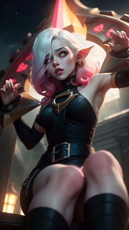 from below,pointy ears,pink sclera,white hair with pink streaks,hands up,head shackles, night, stars,black clothes,OUTDOORS,masterpiece,league of legends, blurry background, depth of field, shiny  <lora:BriarV2:0.9>