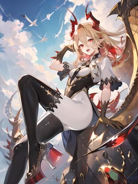 masterpiece,best quality,highres,cinematic lighting,dramatic angle,1boy,<lora:ShadowverseLumioreV6:0.8:lbw=jiangshi3>,blonde hair,slit pupils, red eyes,horns,looking at viewer,white bodysuit,short sleeves,gloves,scales,spikes,black vest,asymmetrical legwear, black thighhighs,high heels,(gemstone heel:1.2),(red gemstone heel:1.3),:d,(tail:1),jewelry,wings,(single wing:1.1),claws,straight-on,floating,adjusting hair,hand on own hip,in the sky,dusk,clouds,fat ass