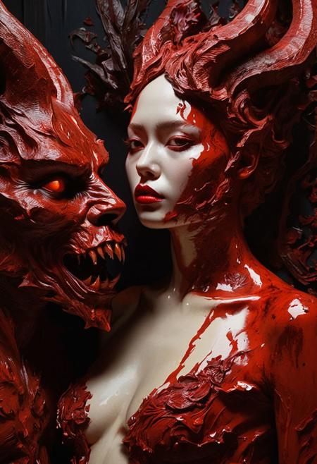 "Delve into the seductive and lustful encounter between a devilish figure and a pure-hearted human in a provocative and bloody art piece. Dive deep into the tension and contrast between the irresistible allure of the devil and the innocent allure of the human, using rich symbolism and visceral imagery to convey the overwhelming desire and emotional intensity of the encounter. Employ sultry lighting and daring compositions to amplify the sense of anticipation and temptation, capturing the raw passion and primal instincts at the heart of this captivating and provocative scene."