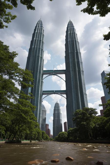 An imaginative image of a vibrant mykl twin towers  <lora:mykl_twin_towers:0.75> link bridge between towers, built on a river, with a breathtaking, urban cityscape at its center. The water splashes against the stone structures, creating a sense of depth and movement. A tall brick bridge connects the two bridges, while a series of picturesque parks and parks along the river create a sense of harmony.