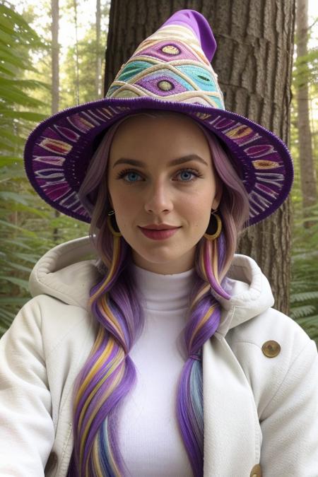 score_9, score_8_up, score_7_up , 1female, 27 years old, solo, close-up portrait, blush, happy, blue eyes, beautiful, mature female, blonde hair 
,purple hair, realistic, circlet, necklace, earrings, diabellze, multicolored hair, witch hat, white coat, white bodysuit, multiple belts, extra decorations, forest.