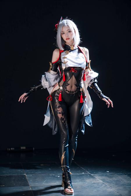 best quality, masterpiece, photorealistic, 1girl, solo, standing, arms at side, full body, looking at viewer, closed mouth, hair between eyes, expressionless, shenhe cosplay costume, cosplay, white hair, black bodysuit, breast curtain, shoulder cutout, partially fingerless gloves, hip vent, tassel, toeless footwear, simple background, <lora:genshin_Shenhe_cosplay_v1:0.7>