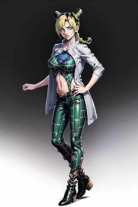 jolyne,  cute,  clothed,  1girl,  solo,  blonde hair,  black hair,  green hair,  detailed,  /gradient background/,  braided ponytail,  green eyes, full body,  character focus,  large breasts,  main outfit,  grey prison jacket,  jacket,<lora:EMS-260993-EMS:0.800000>