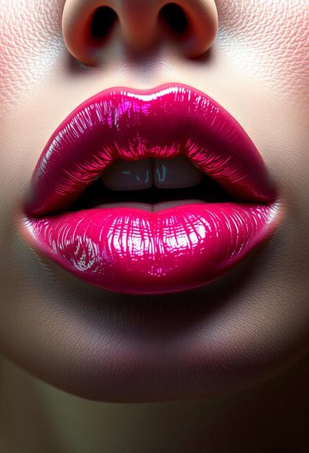 Vibrant,, great depth, ray tracing, professional photoshoot, glossy texture, green light,smooth finish,metallic finish, close up of Fashion model lips