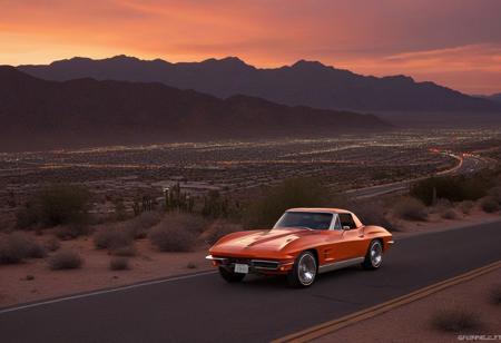 motor vehicle, no humans, car, outdoors, scenery, road, sky, orange sky, vehicle focus, sunset, desert, mountain, shadow, evening, gradient sky, building, red sky, city, cloud, twilight, rock, dusk, landscape, mountainous horizon, grass, sports car, cityscape, hill, (1963 Chevrolet Corvette)