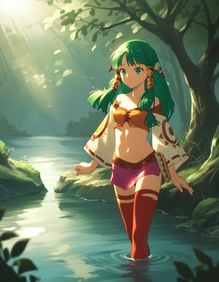 feena, green hair, hair tubes, wide sleeves, bandeau, microskirt, red legwear