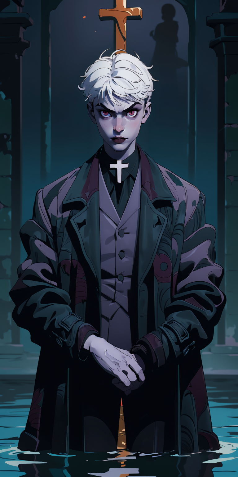 (masterpiece, best quality), 1boy, vampire, looking at viewer, pose, ((cross, horror, shadow)), (pale skin), upper body, c...