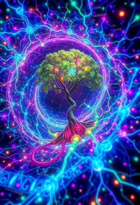 A vibrant, swirling vortex of interconnected neurons forms the central focus, pulsing with electric blues, vivid purples, and glowing greens. These neural pathways morph seamlessly into streams of binary code and floating mathematical equations.
Emerging from this neural network is A tree of knowledge grows from the neural vortex, its leaves made of microchips and its fruits glowing with holographic data visualizations.