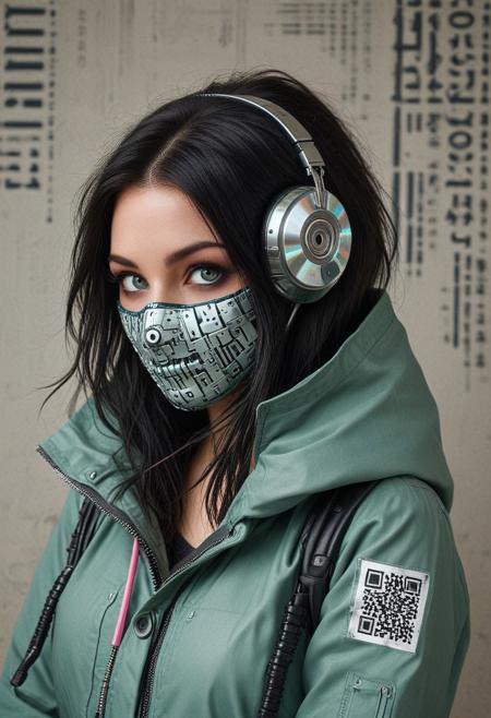 mechanical parts, wires, cables, cyberpunk, closeup portrait of made of cd's with a masked face, pastel teal/black colored, assassinkahb style, closeup photo of an wired-cyborg assassin with robot face wearing a pink high collar hooded parka with technical macro writing resembling an qr-code//bar-code on the back, solo, woman, high collar parka, upper body,, female focus, black long hair in wind, weapon, clothes writing,  flag