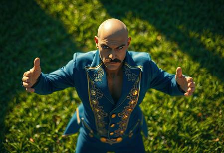 Cinematic shot: A muscular male Jet Warrior in a dynamic, action-ready pose, arms outstretched, stands centered on a textured, vibrant green grass. He wears a full blue suit with intricate gold accents, revealing only a face with a large nose, distinguished mustache, and beautiful detailed eyes looking directly at the camera with intense, intentional focus. The scene is captured with captivating lighting casting dramatic shadows. 4K, Exceptional Quality, Lifelike Details, Super Detailed Face and Eyes and Clothes, Handcrafted with Precision, High Quality. Impeccable Composition, Golden Ratio, Creative Angle. Rendered with Octane Render and Unreal Engine 5. Attractive Background implies a Supernatural Danger Zone. Balanced Editing, Harmonious Colors. Well-timed Moment. High quality image., very detailed.