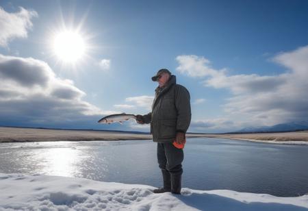 close-up salmon fisherman on the edge of a river, background snowy plain a blue sky with sun in halo, and cirrus clouds,very realistic photography