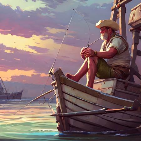 a fisherman sitting on the docks fishing by fishing boats (PaintStyle5:0.8)