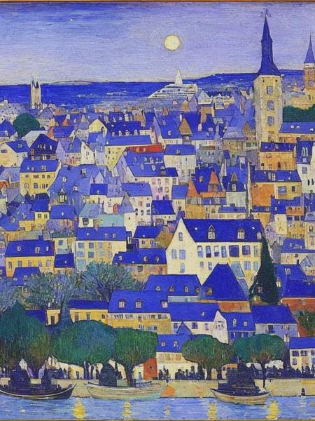 <lyco:MauricePrendergast:1.0> A cityscape in blues and purples by Maurice Prendergast