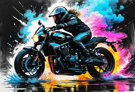 Pencil drawing, line drawing, charcoal and chalk drawing. Sketch. bold neon colors, cartoon style illustration of a big futuristic sports moto, splash art, splashed neon colors, (iridiscent glowy smoke)((motion effects)), best quality, walpaper art, UHD, centered image, MSchiffer art, ((flat colors)), (cel-shading style) very bold neon colors, ((high saturation)) ink lines, psychedelic environment, painting in the style of Anders Zorn, Alexi Brilo, Luisa Royo