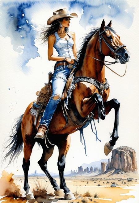 watercolor illustration of  p3tr4_morg4n, art by luis royo   ,  1 lady in cowboy hat and jeans shorts on horseback