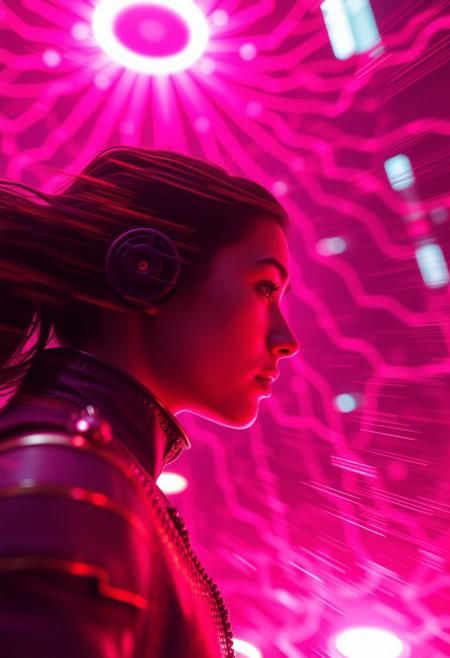 hyperdetailed dyanamic photography of sci-fi futurisitic, based onRhodolite Garnet: A pink to reddish-purple gemstone, displaying a lovely hue reminiscent of rhododendron flowers.   futurisitc, color explosion , web of neon lights, motion, catched in motion, Ultra Realistic Style , shallow depth of field, vignette, highly detailed, high budget Hollywood film, cinemascope, moody, epic, gorgeous, dark colors ,  detailed, low light, darknes, limited colors, black, detailed background, focus on character ,  depth of field, color explosion, intricated background, life, vivid colors , realsitic,