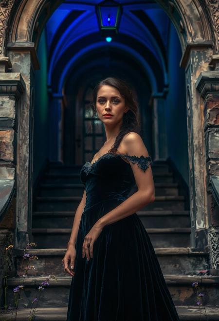 Victorian gothic, portrait, woman, dark velvet gown, stone staircase, arched entryway, blue lighting, green lighting, dust motes, wildflowers, ornate stonework, distressed textures, melancholy, forgotten grandeur, ethereal beauty.