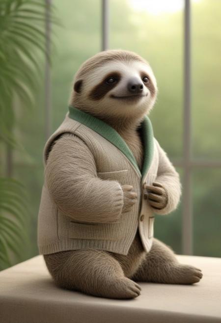 Create a 10-second hyper-realistic video of a sloth in a natural, relaxed position, dressed in a stylish, well-fitted outfit. The sloth is wearing a small tailored vest or sweater in neutral tones like beige, gray, or green, complementing its fur. The sloth moves slowly and naturally, blinking or gently moving its arms, as it grasps onto a tree branch or rests on a comfortable surface. The background is a realistic jungle or indoor setting with minimal blur, allowing the texture of the tree bark, leaves, or surroundings to be clearly visible. Sunlight filters through the leaves or window, casting soft light and gentle shadows on the sloth and its surroundings. The camera captures the slow, deliberate movements of the sloth, zooming in on the fine details of its face and clothing. The scene is calm and serene, accompanied by the sounds of rustling leaves or distant birds, creating a peaceful atmosphere. The background is not overly blurred, allowing viewers to appreciate the realistic setting.