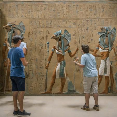 tourists visiting the Cairo museum seeing an Egyptian tomb mural of a   <lora:stargateHorus-SDXL:1.0>  stargateHorus