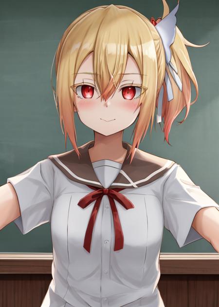 <lora:Fuyou_Yuuna-10:0.8>,Fuyou_Yuuna, 1girl, solo, blonde hair, hair ornament,red eyes,thick eyelashes, hair between eyes,school uniform,hair ribbon,white shirt, short sleeves, serafuku, side ponytail, red ribbon, neck ribbon,white ribbon,