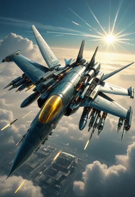 combat jet, cyberpunk, made of Transistors, sky, fly, cloud, ray, sun