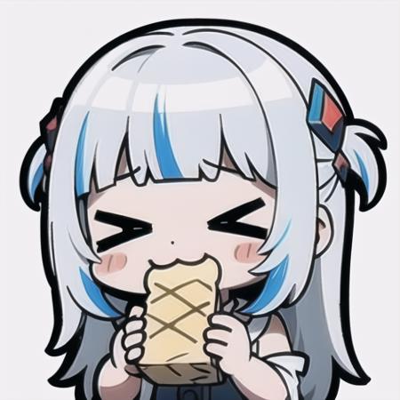 chibi emote, :3, ^_^, blush stickers, bread, closed eyes, eating, food, holding food, smile, 1girl, <lora:chibi_emote_v1:1>, <lora:gura-10:1>, gawr gura