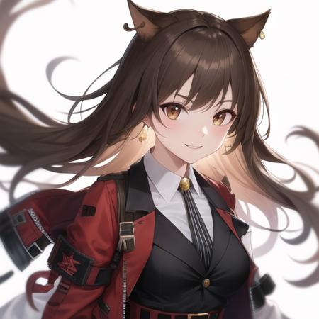 masterpiece,best quality,absurdres,highres,1girl,solo,upper body,(portrait:1.2),animal_ears,cat_ears,long_hair,cat_tail,brown_hair,red_jacket,black_footwear,red_pantyhose,looking_at_viewer,gradient_legwear,brown_eyes,belt,sleeves_past_wrists,open_jacket,medium_breasts,black_skirt,smile,high heels,bangs,long_sleeves,pleated_skirt,white_shirt,wide_sleeves,earrings,collared_shirt,brown_pantyhose,floating_hair,black_necktie,jewelry,black_pantyhose,striped,short_dress,black_jacket,<lora:Skyfire(ark)>,