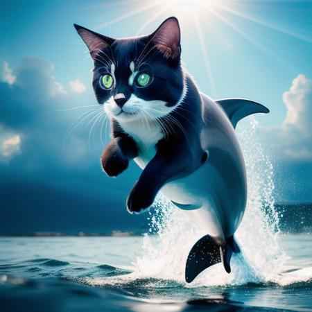 A photo of a cute dolphin-cat hybrid jumping from the sea, god light, cat face, dolphin body, bold natural colors, wide angle view,  masterpiece, trending on artstation, photograph, award-winning, documentary, wildlife, 8k