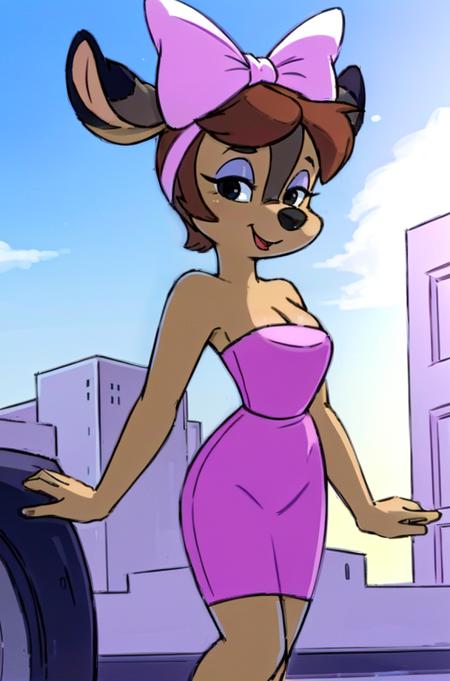 1girl, FawnDeerCzar,(furry, furry female, full body,standing), (deer nose, deer ears, deer tail:1.4, bangs, brown hair:1.5, makeup, half-closed_eyes, black eyes,  blue eyeshadow, lipstick),(pink dress, tube dress, strapless, strapless dress, bare bare shoulders, pink hair bow, pinup), (outdoor, city street, police car), (masterpiece:1.2), hires, (detailed face:1.2), (detailed eyes:1.2), perfect skin, ultra-high resolution, 8K, high quality, (sharp focus:1.2), clean, crisp, cinematic, <lora:Fawn_Deer-30:0.75>