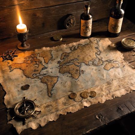A realistic photo of a well-used pirate's map, spread out on a rough wooden table in the ship's dimly lit cabin. The map, with its faded ink and frayed edges, is weighed down by a small, rusted sextant, and in the background, a flickering candle casts a warm glow, bringing out the intricate details of the map and the aged wood texture of the table. On the table there are some gold coins and a bottle of rum