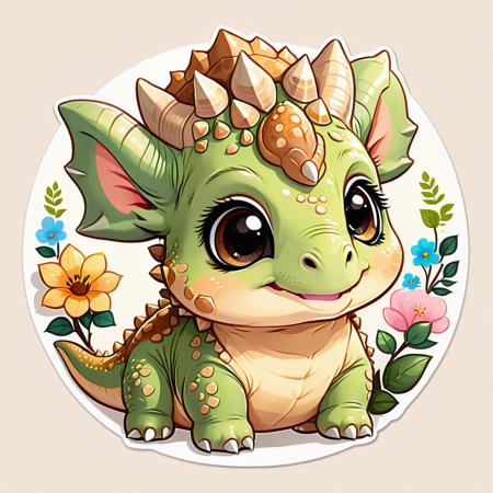 <lora:SDXLCutePets:1> cutepets, an adorable baby triceratops, kawaii, high quality, digital art illustration, sticker art