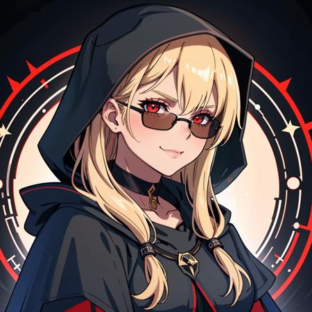 ((Masterpiece, best quality)),edgQuality,smirk,smug, hair inside the hood,ritual circle,
edgCultist, 1girl, solo, (blonde Nadia with sunglasses and a choker), looking at viewer, red eyes,  hood, glowing, black background, portrait, glowing eyes, cloak, dark, hooded cloak ,wearing edgCultist_hood,ominous,dark 
 <lora:edgCultistHood:1> <lora:Ultimate_Nadia:0.5>