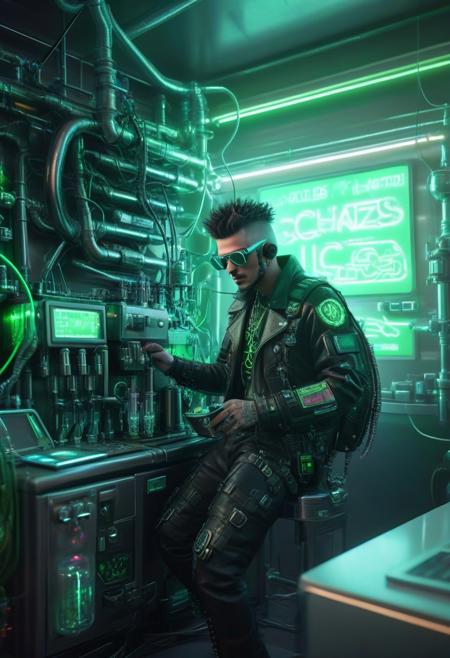 A cyberpunk male biker rides a glowing green photo, ultra-realistic futurism, fantastic photo of a punk coffee machine. A tangled system of pipes and taps, cables, analog measuring instruments. Psychadelic Chaos. Futurism Style