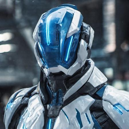 A man in a scifi style blue and white suit, with a glass visor