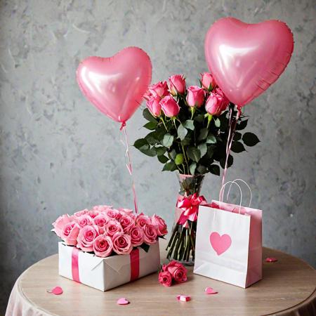 several heart-shaped balloons, a gift bag and a bouquet of pink roses on a table. Very realistic photography