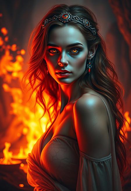 A stunningly beautiful ifrit woman with a scorching-hot appearance: flawless facial features, piercing fiery eyes glowing like embers, and warm copper or chocolate-toned skin with a subtle shimmer, as if lava flows beneath. Long, flowing hair resembling flickering flames, with shades of red, orange, and gold. She wears an elegant circlet or diadem with gemstones. Her figure is graceful and alluring, dressed in light, semi-transparent garments woven from magic and fire, adorned with volcanic crack-like patterns. Background: a blazing volcano or a luxurious hall with fiery braziers. Style: fantasy art, highly detailed, dramatic lighting highlighting her beauty and power