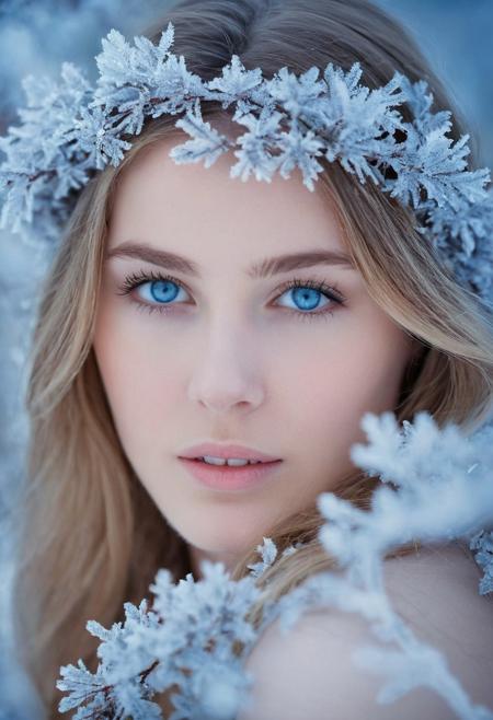 In this tranquil portrait, 
a young woman's face is framed by soft, 
ethereal blossoms, 
accentuating her striking blue eyes and the gentle dusting of frost that mimics a winter's touch. The cold hues and the floral crown suggest a harmonious blend of the chill of winter and the promise of spring, 
capturing a moment of pure, 
untouched beauty in a natural, 
frosty environment.